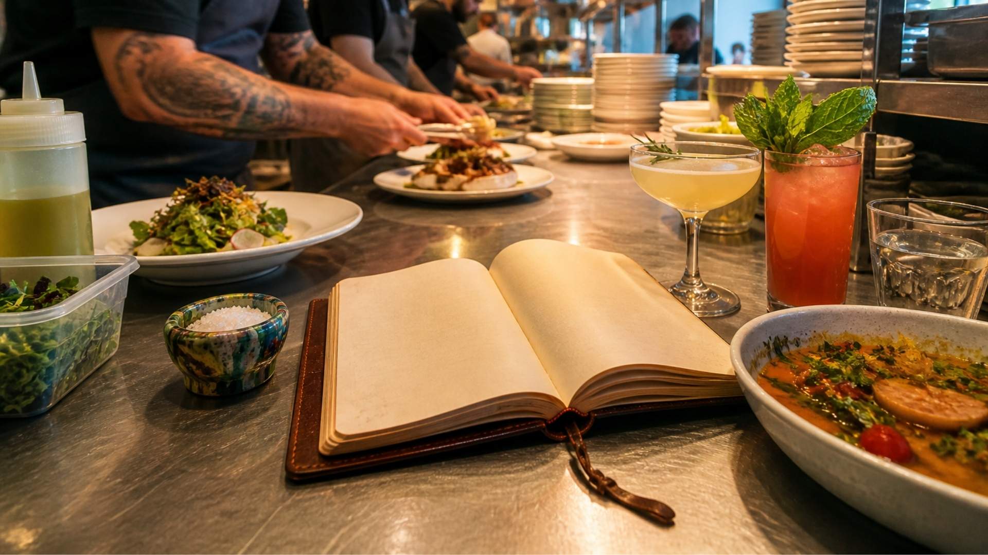 Restaurant team reading the employee handbook before service